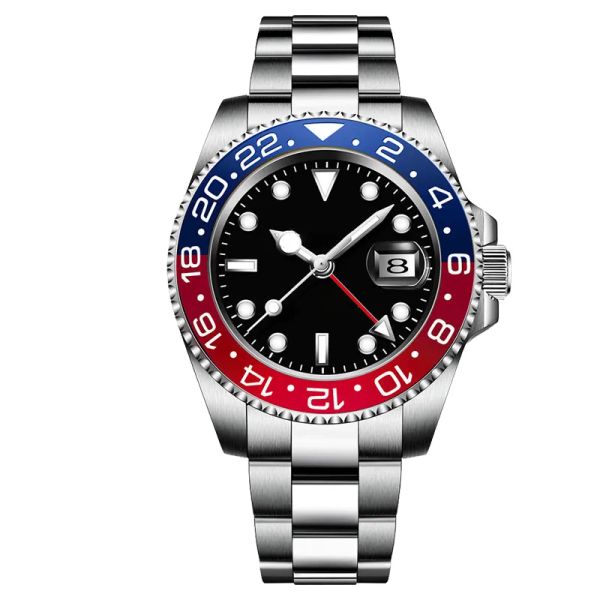 AAA Kalite Tasarımcısı GMT Saatler Erkekler İzle Otomatik Mekanik Saatler Katlanır Toka Safir Cam Su Geçirmez Seramik Kırmızı Mavi Çerçeve Siyah Kadran Kuşkeri