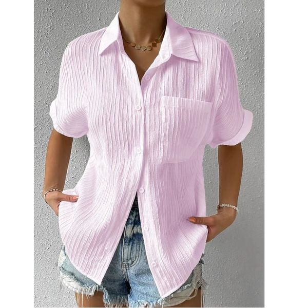 Frauen Kleidung 2023 Sommer Mode Plissee Einfache Casual Button Up Hemd Solide Tasche Kurzarm Bluse Lose Tops