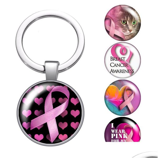 Portachiavi Cordini Nastro rosa Consapevolezza del cancro al seno Cabochon in vetro Portachiavi Borsa Portachiavi per auto Portachiavi Charms Catene placcate argento Wo Dhzfn