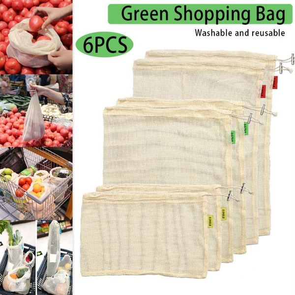 Conjunto de 6 peças Sacos de produção de malha reutilizáveis Sacos de vegetais de algodão não plástico Laváveis Cordão transparente para compras FP261V