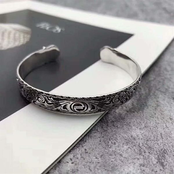 S925 STERLING Gümüş Retro Desen Çifte Kaplan Baş Açık Bilezik Punk Stil Moda Erkek ve Kadın Çiftler Takı Hediyeleri271Q