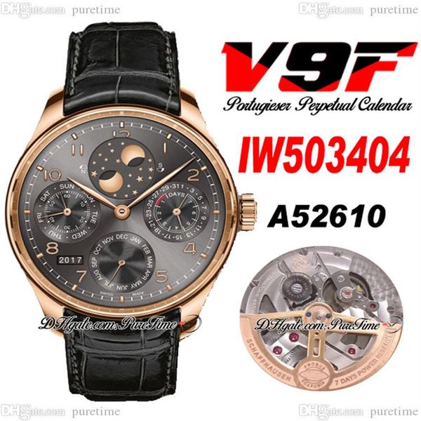 V9F 503404 Ewiger Kalender A52610 Automatik-Herrenuhr, Roségold, graues Zifferblatt, Nummernmarkierungen, Mondphase, Gangreserve, schwarzes Leder220a