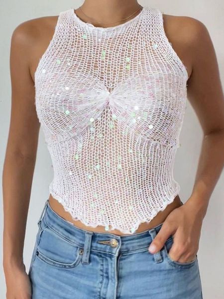 Regata Regata Feminina Apprabant Sexy Oco Out Crop Top Moda Lantejoulas Sem Mangas Decote Regata Streetwear Branco Slim Mini Colete 230727