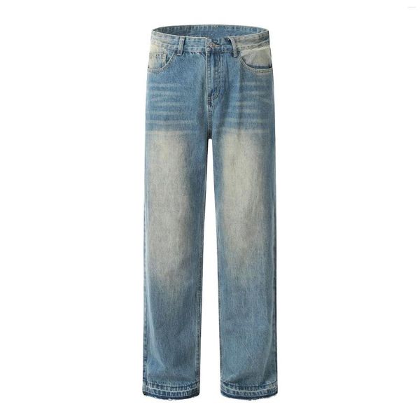 Jeans da uomo European American High Street Uomo graffiato sbiancato lavato pantaloni in denim a figura intera casual larghi dritti retrò