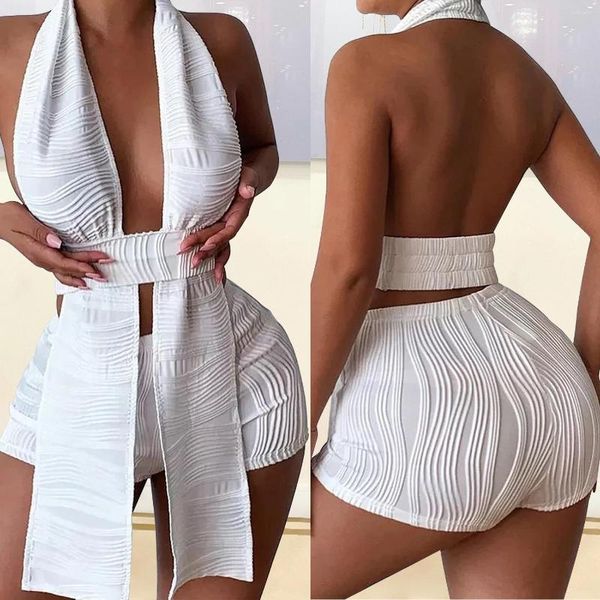 Chándales de mujer Sexy Halter espalda descubierta Crop Top y Mini pantalones cortos verano 2 piezas Jacquard blanco trajes mujer noche fiesta Clubwear señoras