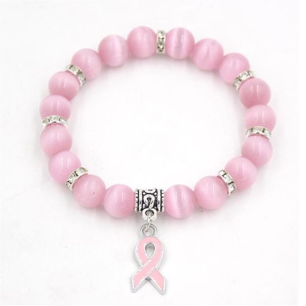 Confezione di gioielli per la consapevolezza del cancro al seno Bracciale con perline in opale rosa bianco Braccialetti con ciondoli a nastro Braccialetti con braccialetti283U