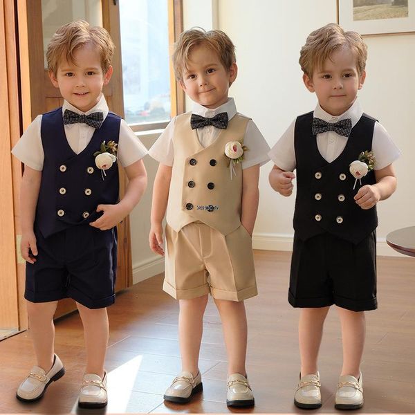 Anzüge Kinder Sommer Weste Shorts Performance Anzug Jungen Formales Hochzeitskleid Kinder Pografie Baby Geburtstag Zeremonie Kostüm 230726