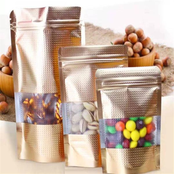 Taglie multiple Gold 100ps Stand Up Mylar Foil Goffrato ZiperLock Bag con finestra Foglio di alluminio Risigillabile Food Pack Pouch Heat Sea2303