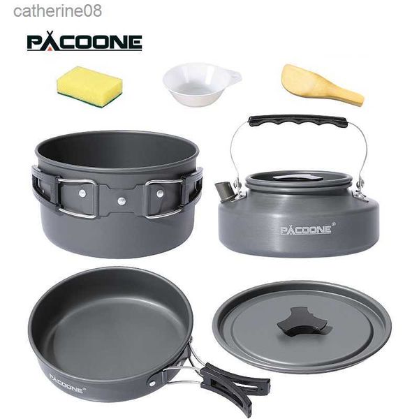 PACOONE Conjunto de Panelas para Acampamento Kit de Panelas Portáteis Panela ao Ar Livre Cozinhar Água Chaleira Conjunto de Panelas Utensílios de Mesa Caminhadas Equipamento de Piquenique L230621