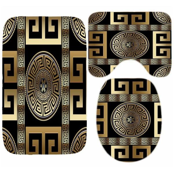 Tapetes de banho luxo preto ouro grego chave meandro fronteira conjunto de tapete de banho moderno geométrico ornamentado tapete de porta de banheiro para decoração de tapete de chão de banheiro 230727