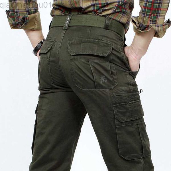 Calças masculinas Marca Homens Carga Calças Exército Verde Multi Bolsos Combate Casual Algodão Solto Calças Retas Calças Táticas Militares L230727