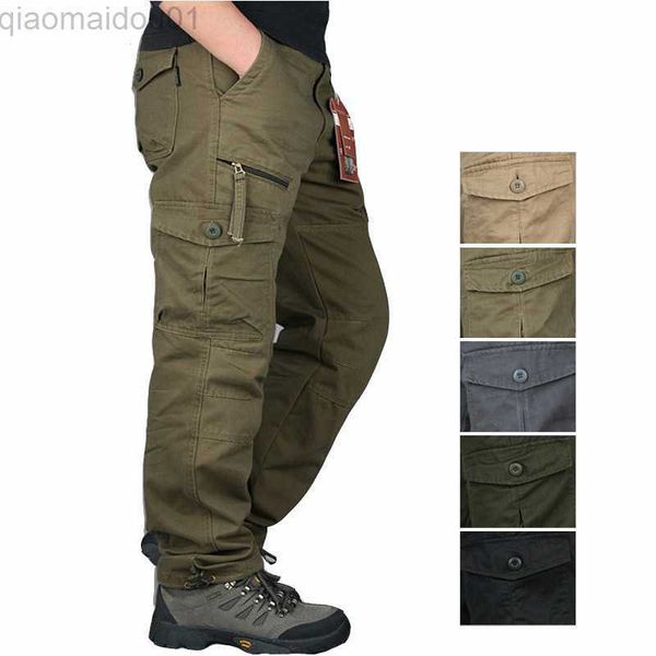 Calças masculinas casuais calças de carga multi-bolso tático militar do exército em linha reta calças soltas masculino macacão com zíper calças de bolso temporadas l230727