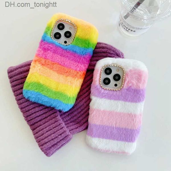 Capas de telefone celular Rainbow Bling Diamond Capas de telefone de pele fofa para iphone 14 13 Pro Max 12 Mini 11 X XS XR 8 7 6 Plus Plush Fuzzy Fashion Cover Z230728