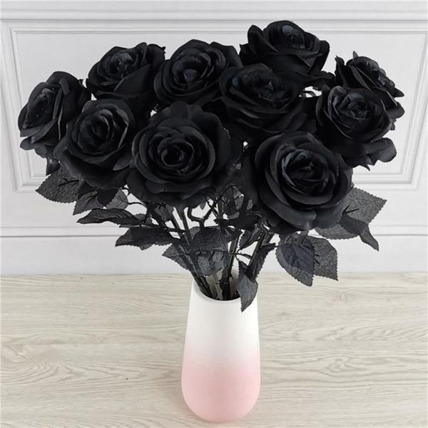 Декоративные цветы венки черные искусственные шелковые розовые букет Halloween 10pc лоты готические свадебные растения для вечеринки Decor227k