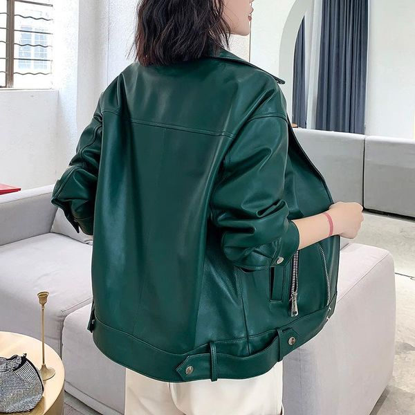 Giubbotti Popolare Genuino Giacca di Pelle Donna Breve Locomotiva Cerniera Pelle di Pecora Haruku Moda Allentato Alla Moda Verde Scuro Lederjacke Damen