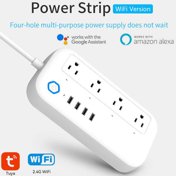 Smart Power Plugs Tuya Smart WiFi Power Strip 5V/2A Carregamento 4 soquete de extensão USB 4 Adaptador de lojas Obras com Alexa Home Assistente HKD230727