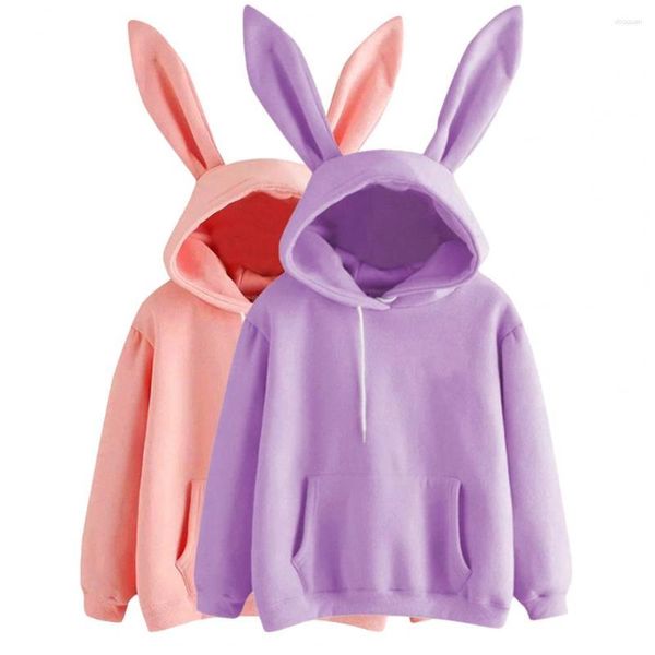 Kadın Hoodies Sıradan Giyim Kadın Sweatshirt Uzun Kulaklar Sevimli Düz Renk Sıcak