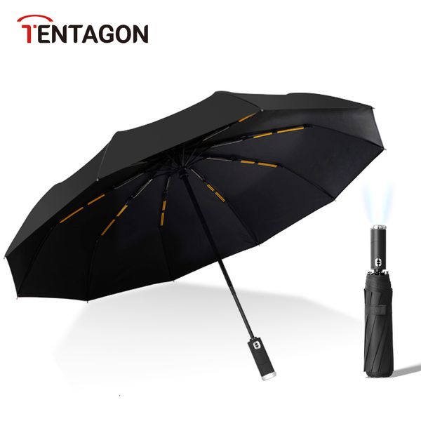 Ombrelli TENTAGON Ombrello automatico con torcia a LED Tre pieghevoli UV per pioggia e sole 10 stecche Ombrellone portatile antivento 230627