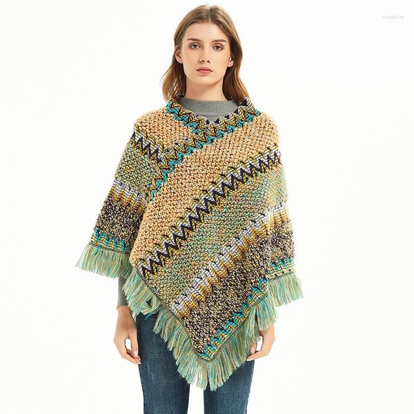 Cachecóis Pulôver Feminino Tricô Poncho Capas Outono Feminino Moda Boêmia Manto Borla Roupas de Inverno Nacional Cáqui