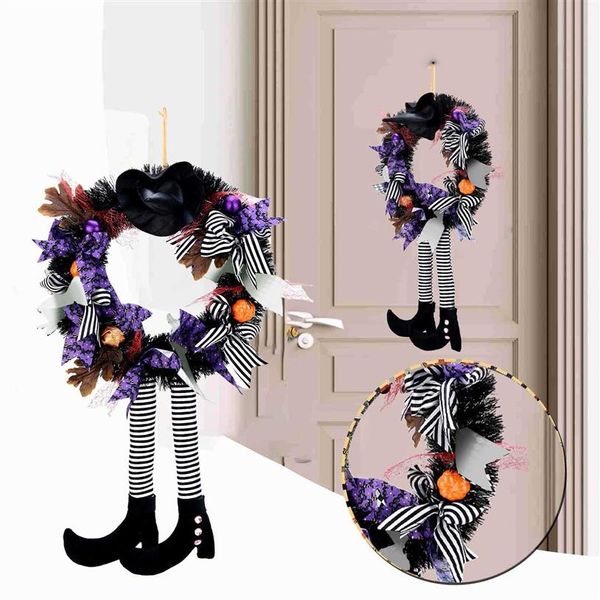 Ghirlanda di Halloween Decorazione da appendere alla porta Cappello da strega di Halloween Gamba Zucca Porta Corona Happy Halloween Party Home Party Supplies Q08331a