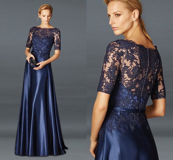 2023 Vintage Blu Navy Abito per la madre della sposa Paillettes Pizzo A-line Raso Mezze maniche Matrimonio Sposo Abiti da festa Plus Size Robe De Soiree