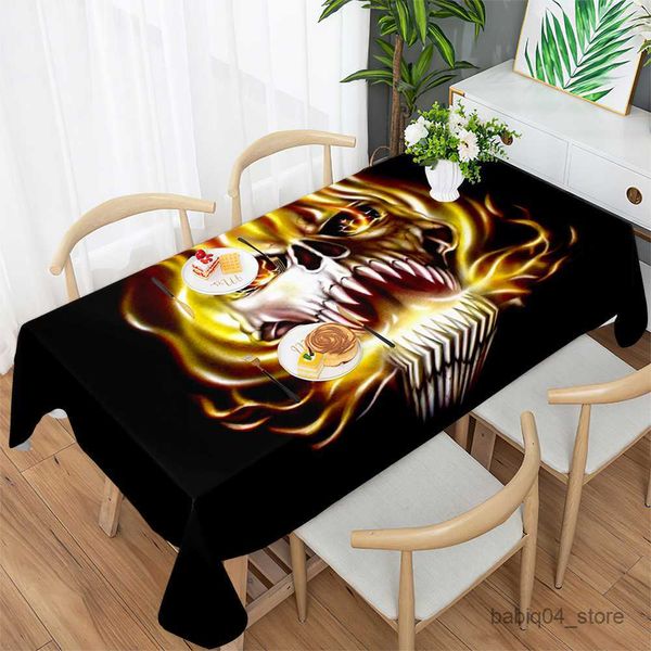 Tischdecke, Knochen, Flamme, Totenkopf, Geist, Feuer, Kunst, Tod, Blumenmuster, Tischdecke, schmutzabweisend, Urlaubsgeschenk, Horror-Halloween-Tischdecke, R230727