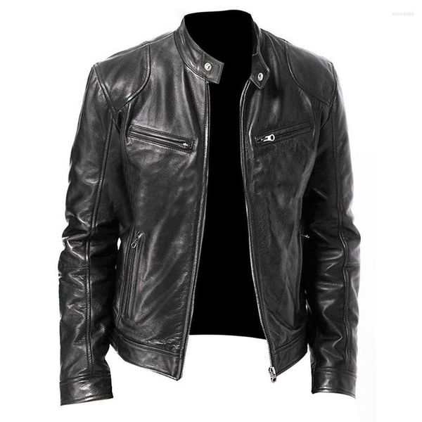 Chaquetas de hombre 2023 PU chaqueta de cuero de moda para hombre Slim Fit Stand Collar masculino Anti-viento motocicleta solapa Diagonal cremallera abrigo