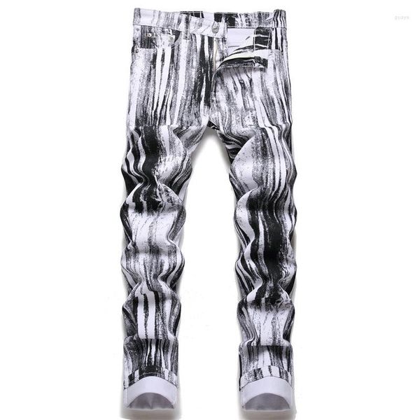 Jeans Masculino Preto Branco Slim Calça Lápis Moda Cintura Média Casual Hip Hop Street Wear Calça Jeans de Marca de Alta Qualidade