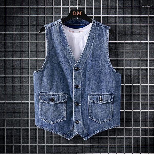 Coletes Masculinos 2023 Primavera Verão Masculino Denim Colete Jaqueta Moda Solta Personalidade Alça Traseira Casual Azul Masculino Sem Mangas Casaco Jean