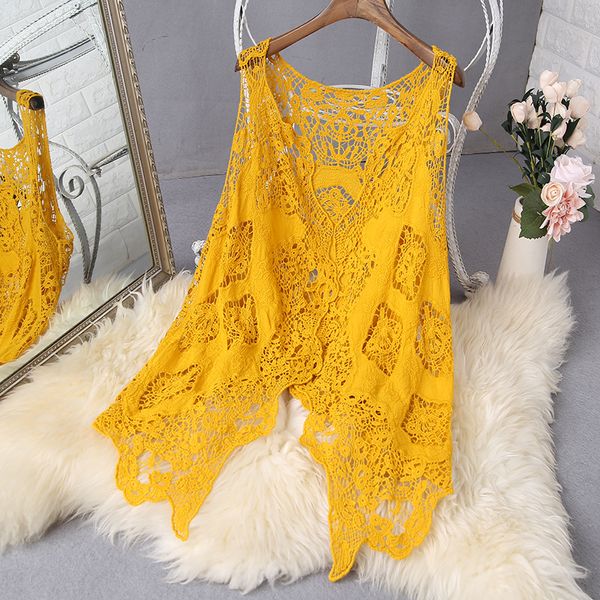 Kadın Tankları Camis Hippi Froral Yama Tasarım Yeleği Retro Vintage Tığ işi Yaz Plajı Örtü Üst Asimetrik Açık Dikiş Kimono Cardigain 230726