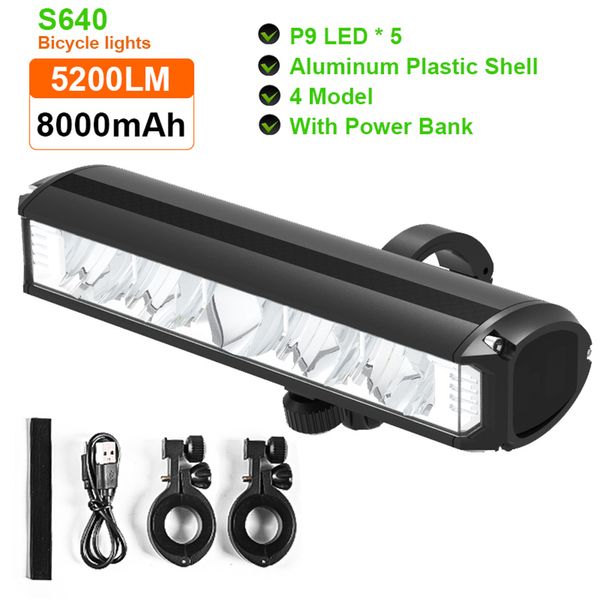 Luzes de bicicleta Luz de bicicleta 8000mAh 5 LED Lanterna frontal recarregável 5200LM Farol com acessórios para banco de potência 230726