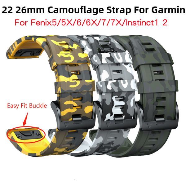 Pulseiras de relógio 22 26mm Silicone Easy Fit Camuflagem Pulseira para Garmin Fenix5 5X 5XPlus 6 6X 6XPro 7 7X Band Instinct Bracelet 230727