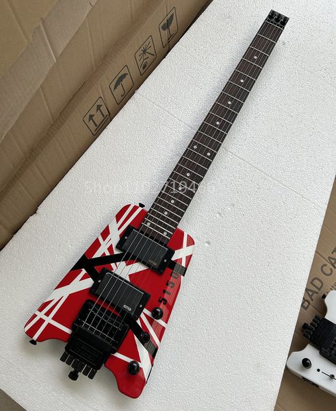 Rhxflame Eddie Edward Van Halen 5150 Red White Black Strips Chitarra elettrica senza testa Tastiera in palissandro China EMG Pickups Tremolo Bridge Hardware nero Dot Inlay