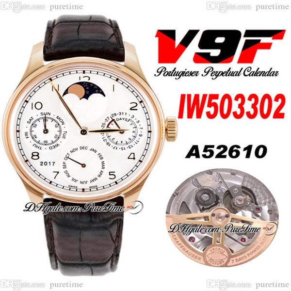 V9F 503302 Calendário Perpétuo A52610 Relógio Masculino Automático Rosa Ouro Branco Mostrador Fase da Lua Power Reserve Marrom Pulseira de Couro Super 205d