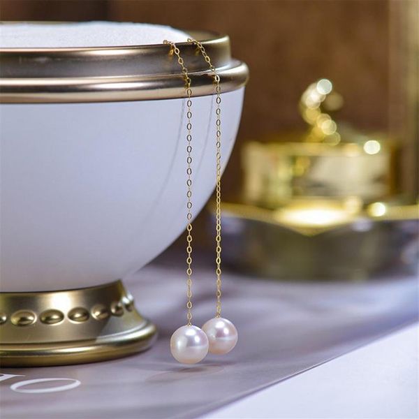 Ciondola il lampadario in vero oro 18 carati Orecchini pendenti per le donne Perfact Round Akoya Pearl Fashion Korea Jewelry199m