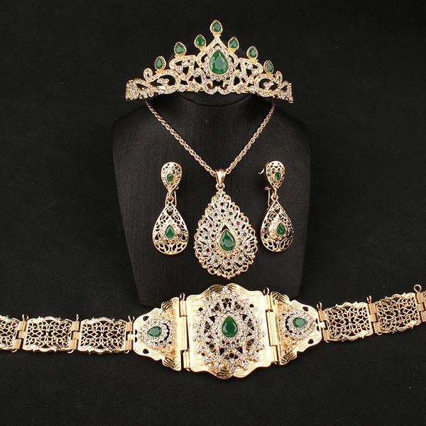 Düğün Mücevher Seti Arap Düğün Takı Seti Cüppe Elbise Kemer Küpe Kolye Fas Metal Bel Zinciri Düğün Gelin Taç Baş Zinciri 230727