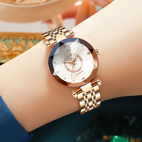 Relógio feminino de luxo de alta qualidade com rosto de diamante e vidro de aço sólido à prova d'água