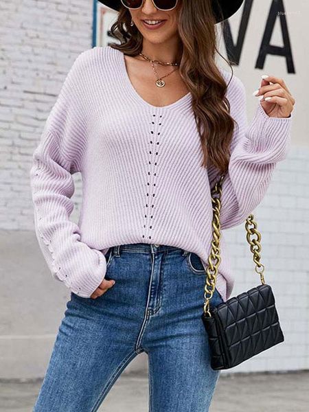 Kadın Örgüler 2023 Sonbahar Kış Örgü Süveter Kadınlar Pullover Mor Jumper Ladies v Boyun Uzun Kollu Gevşek