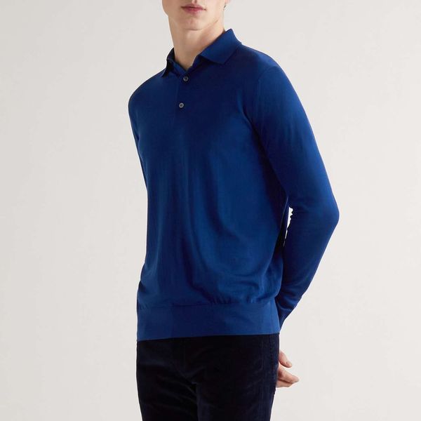 Erkekler için Tasarımcı Polos Gömlek Loro Piana Uzun kollu İnce Dilek Virgin Yün Polo Gömlekleri Lacivert Moda Sonbahar ve Kış Topları