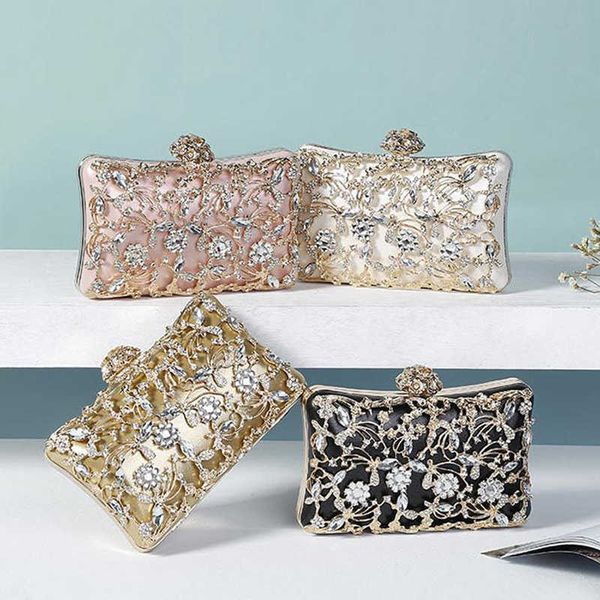 Abendtaschen Neues Design Damen Handtaschen Satin Diamanten Metall Tageskupplung Blume Strass Hohltasche 230427