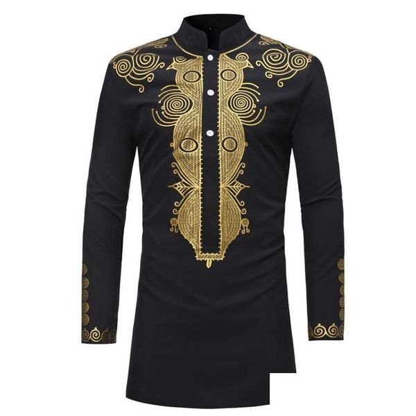 Ethnische Kleidung Neue Dashiki Mode Afrikanische Traditionelle Gedruckt Rich Bazin Männer Langarm Afrika Thobe Kleid Für Mann Hemd Drop Deliv Dh4At