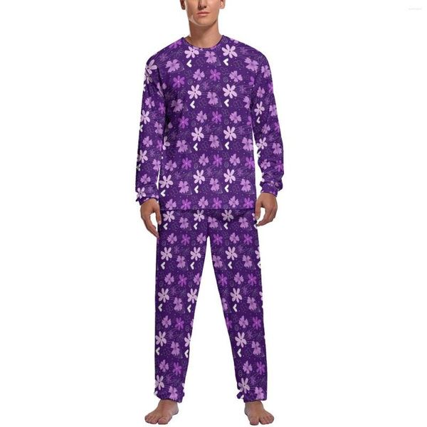 Herren-Nachtwäsche, lila Blumendruck-Pyjama, langärmelig, Gänseblümchen-Blume, 2-teiliges Schlafset, Frühlings-Herren-bedruckte süße Nachtwäsche