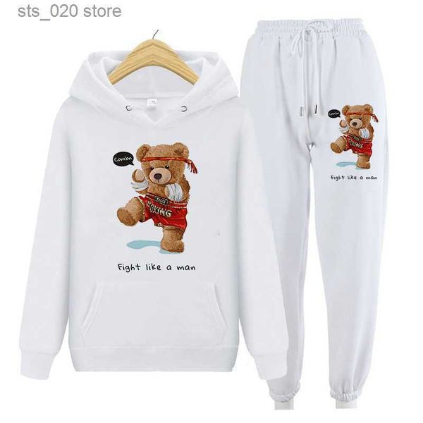 Moletons femininos Harajuku Conjuntos de 2 peças Agasalho feminino Quente Pulôver com capuz e calça de jogging casual Kawaii Bear Cartoon Print Outfits Sweatshirt T230727