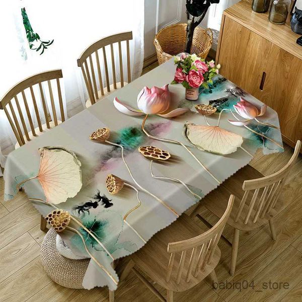Tischdecke, farbiges Lotusmuster, runde Tischdecke, grüner Lotus, rechteckige Tischdecke, Heimdekoration, Antifouling-Tischdecke R230727