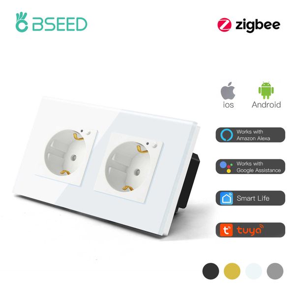 Tappi di alimentazione intelligente BSEED EU Standard Standard Zigbee a doppia presa a doppia presa di vetro Crystal Glass Outlet Smart Tuya Smart Life Home Controllo vocale HKD230727