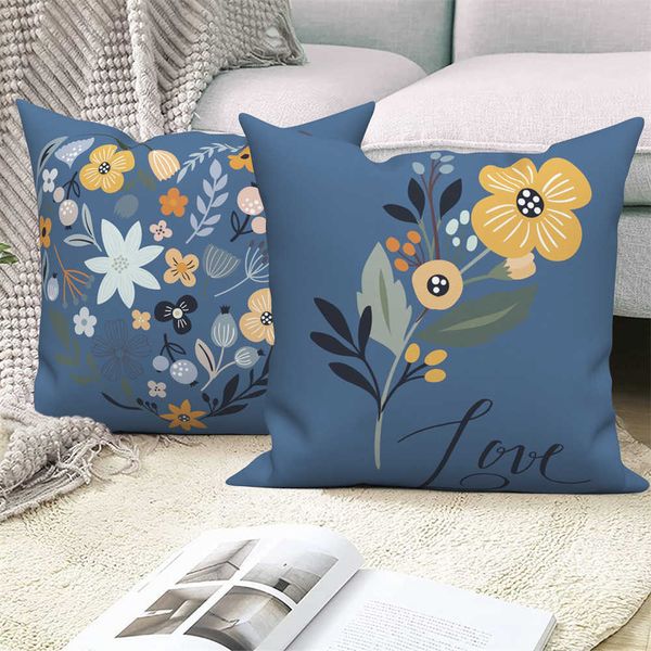 Cuscino/fodera decorativa personalizzabile in velluto di lino per divano, decorazione per la casa dolce, copriletto, fiore bianco blu, salva la data