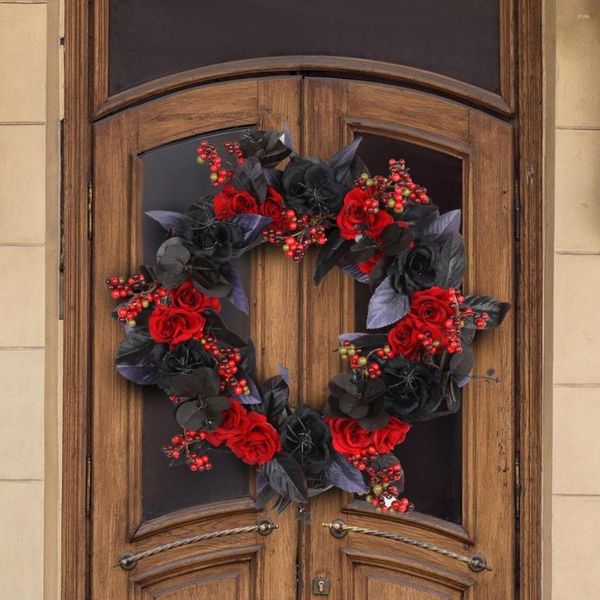 Flores decorativas Organizador da porta da frente Porta preta e vermelha Rosa Garland Decoração de portão de férias