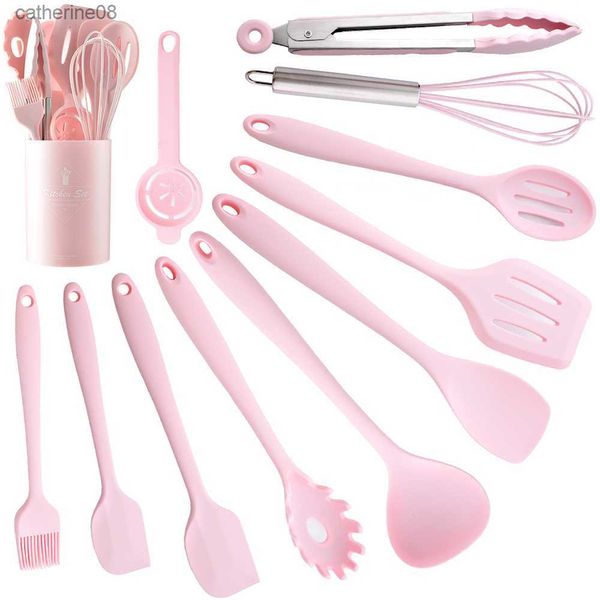 12 Pçs Conjunto de Utensílios de Cozinha de Silicone Rosa Antiaderente Ferramentas de Assar Utensílios de Cozinha Espátula Colher Pinça de Comida Kit de Cozinha com Caixa L230621