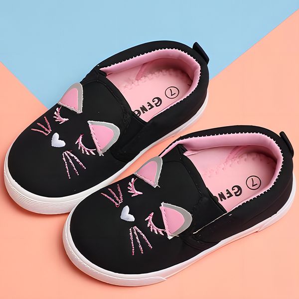 Lindos Sapatos de Lona Crianças Padrão de Gato Sapatos Esportivos Sola Macia Conforto Meninas Cor Preta Sapatos Casuais Crianças Desenhos Animados Tênis