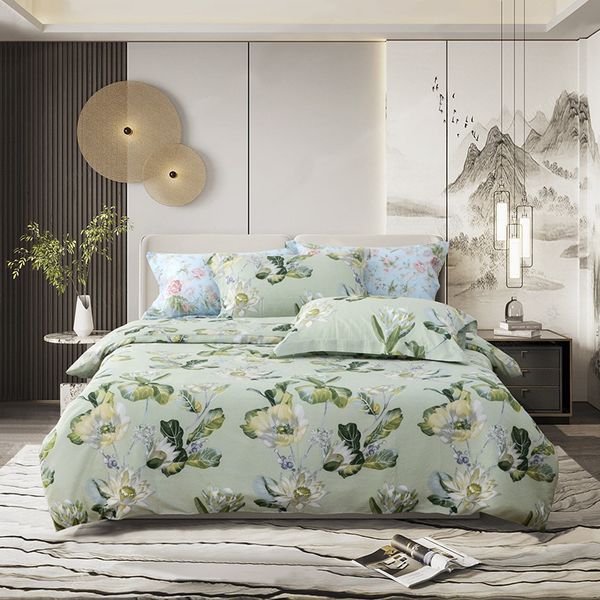 Bettwäsche-Sets, Satin, botanisches Blumenmuster, klassischer Druck, lebhafte Farbgebung, Bettwäsche-Set, Doppelbett-Bettwäsche-Set, blauer Bettlakenbezug, Kissenbezug, Bett 230726